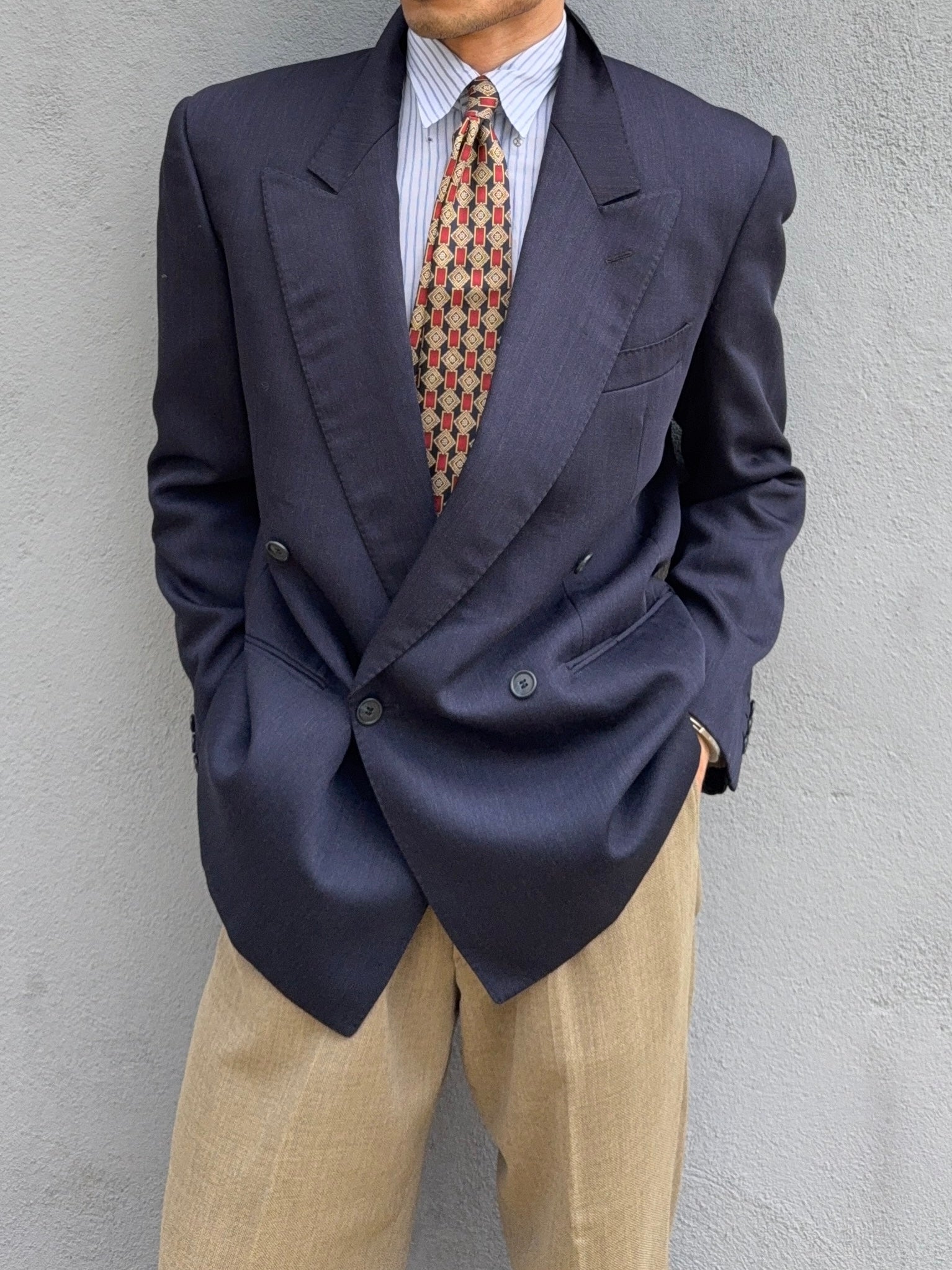 Valentino 1980s Peaked Lapel Double Breasted Textured Wool Sports Blazer Jacket Blue - Size M