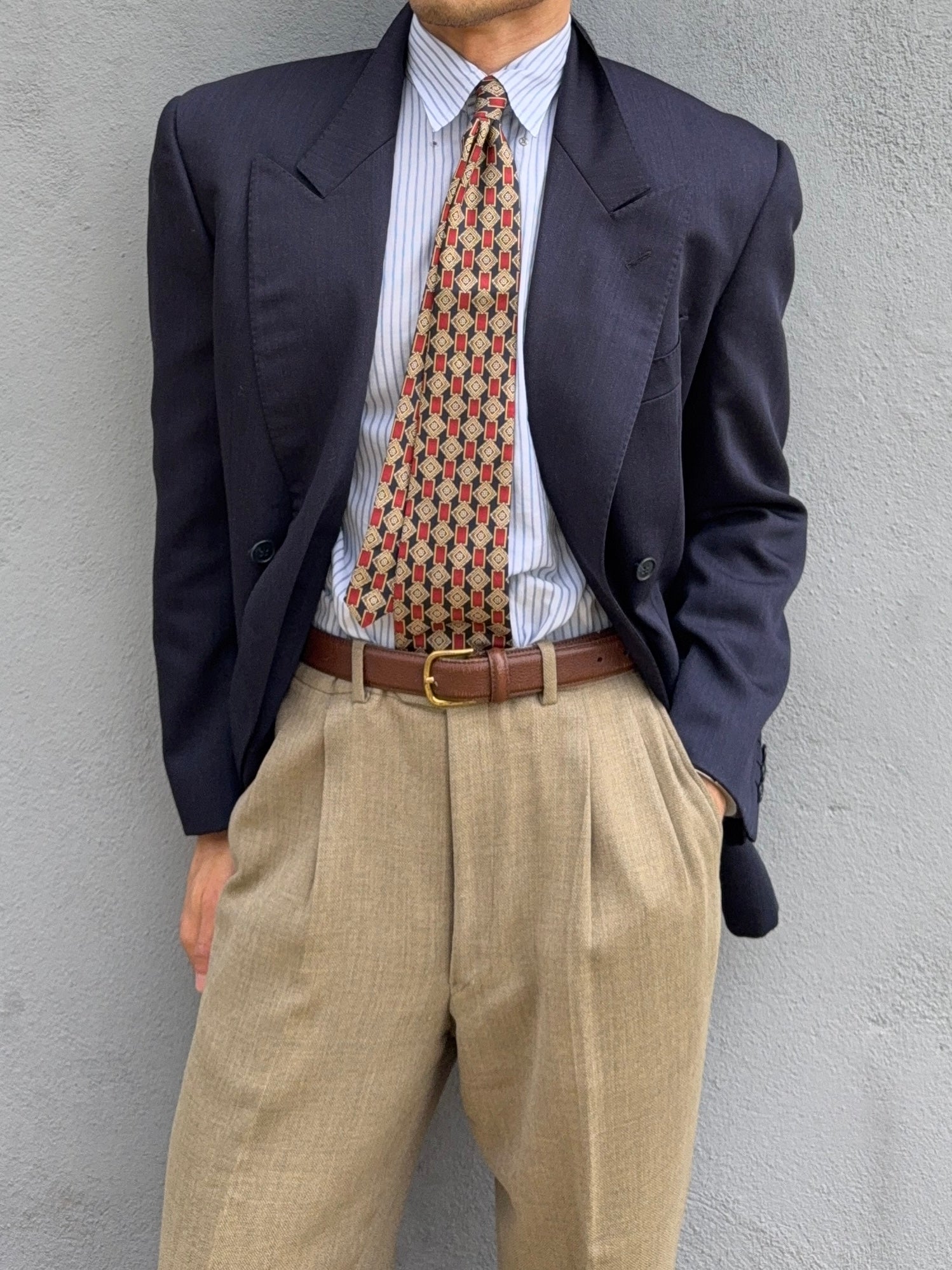 Valentino 1980s Peaked Lapel Double Breasted Textured Wool Sports Blazer Jacket Blue - Size M
