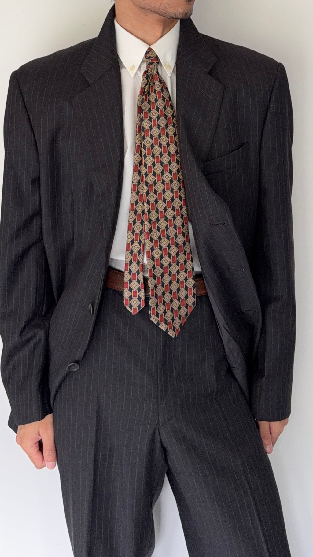 Armani 1990s 3B Pinstriped Wool Suit Charcoal Grey - Size XXL Jacket / 40" Waist