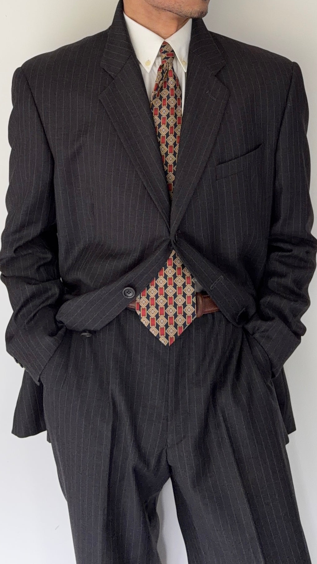 Armani 1990s 3B Pinstriped Wool Suit Charcoal Grey - Size XXL Jacket / 40" Waist