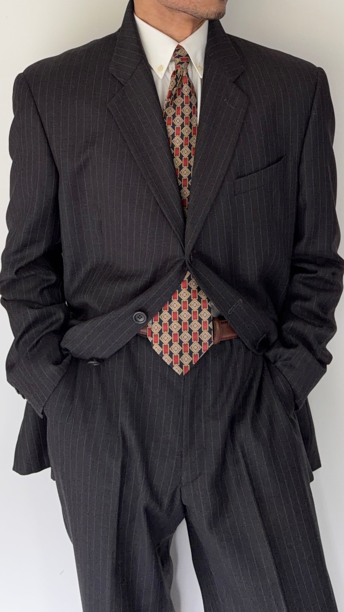 Armani 1990s 3B Pinstriped Wool Suit Charcoal Grey - Size XXL Jacket / 40" Waist