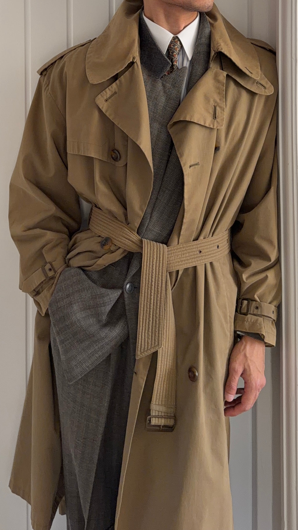 Giorgio Armani 1980s Cotton Belted Military Trench Coat Taupe Brown - Size M