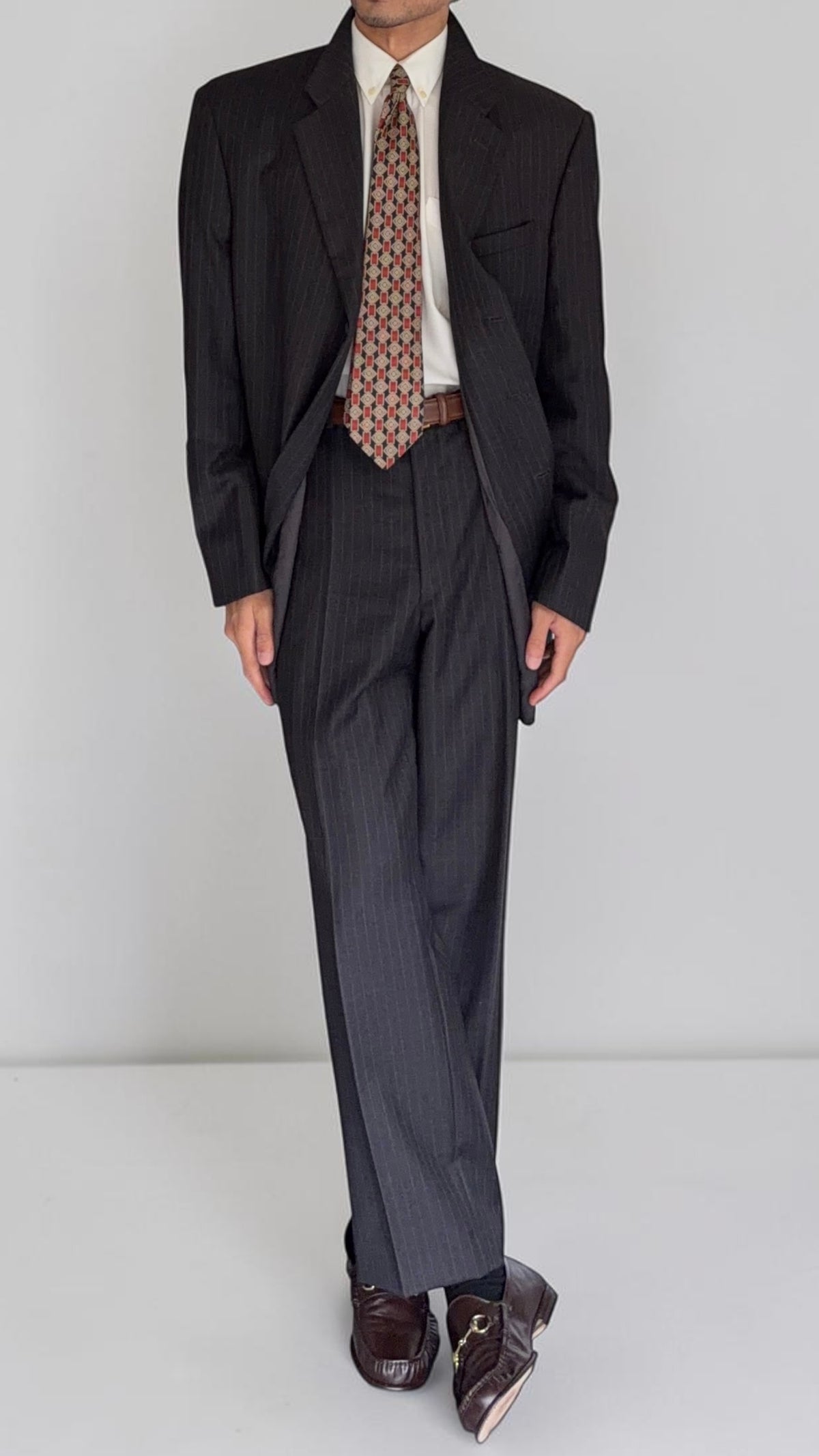 Armani 1990s 3B Pinstriped Wool Suit Charcoal Grey - Size XXL Jacket / 40" Waist