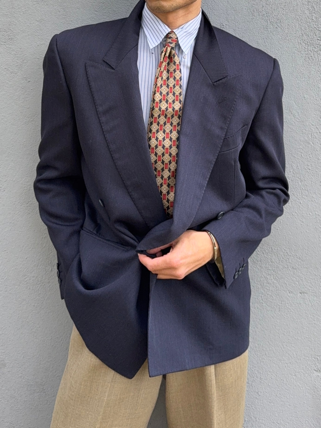 Valentino 1980s Peaked Lapel Double Breasted Textured Wool Sports Blazer Jacket Blue - Size M