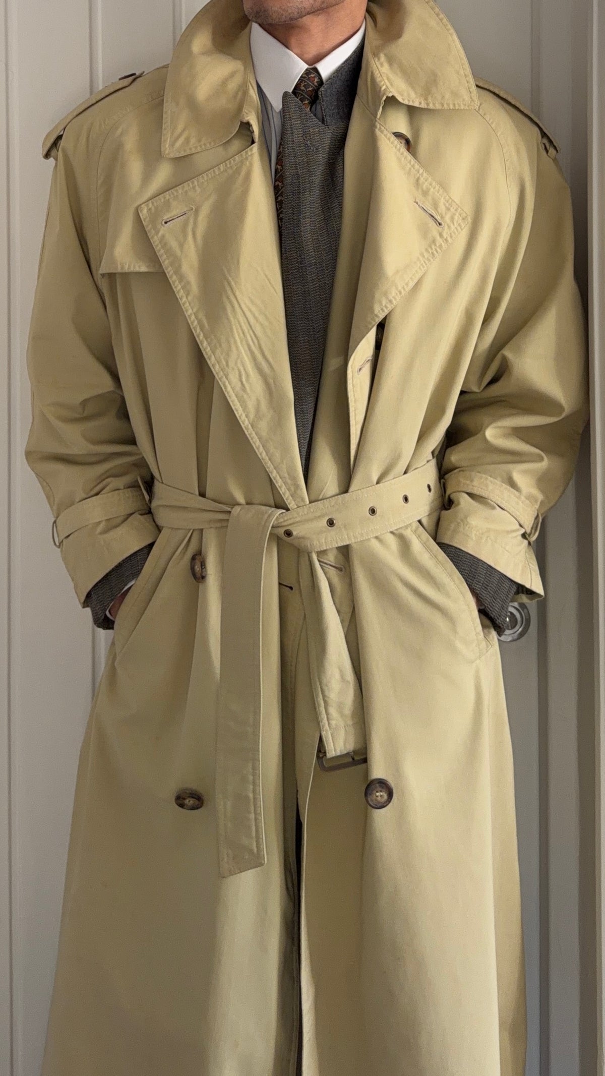 Giorgio Armani 1980s Belted Oversized Long Trench Coat Taupe Beige - Size M
