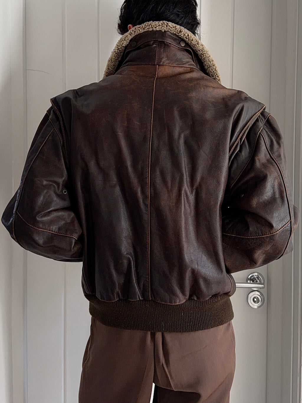 Hugo Boss 1980s Aviator Patina Leather Panelled Flight Bomber Jacket  - Size L