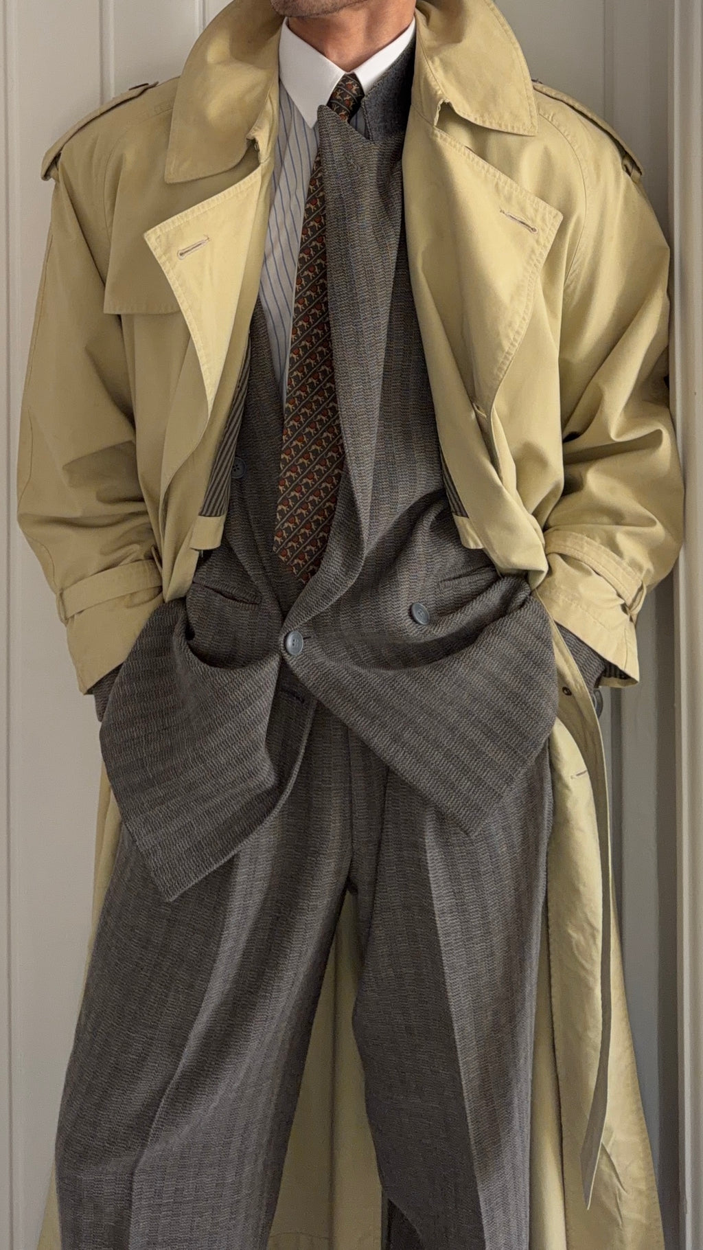 Giorgio Armani 1980s Belted Oversized Long Trench Coat Taupe Beige - Size M
