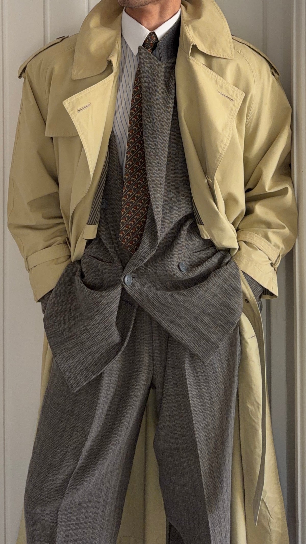 Giorgio Armani 1980s Belted Oversized Long Trench Coat Taupe Beige - Size M