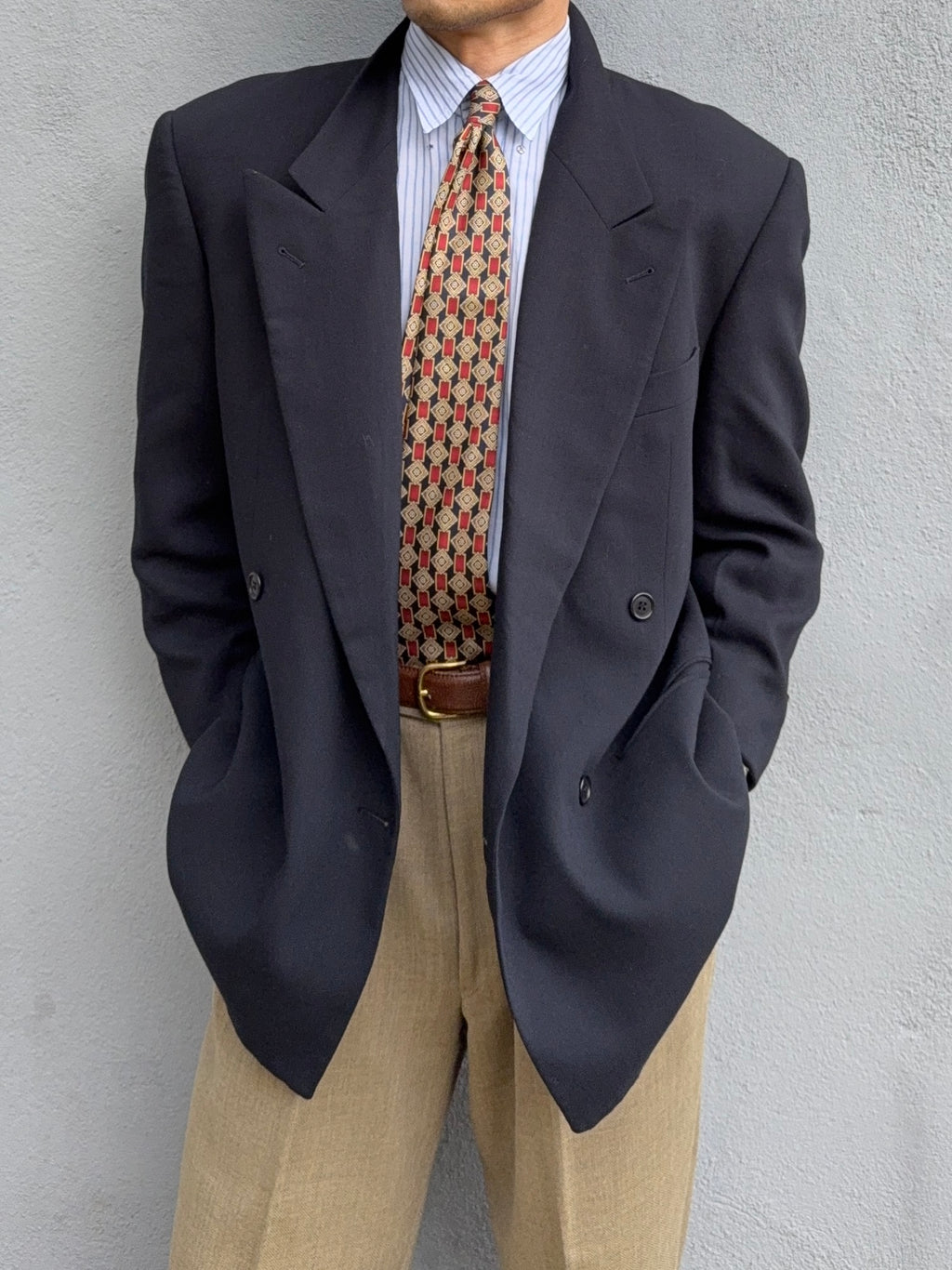 Valentino 1980s Peaked Lapel Double Breasted Wool Sports Blazer Jacket Navy - Size M