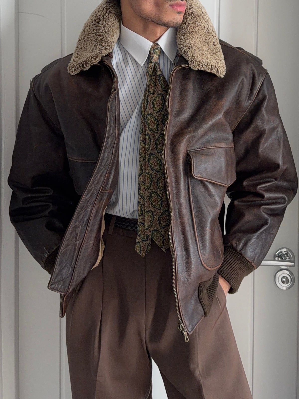 Hugo Boss 1980s Aviator Patina Leather Panelled Flight Bomber Jacket  - Size L
