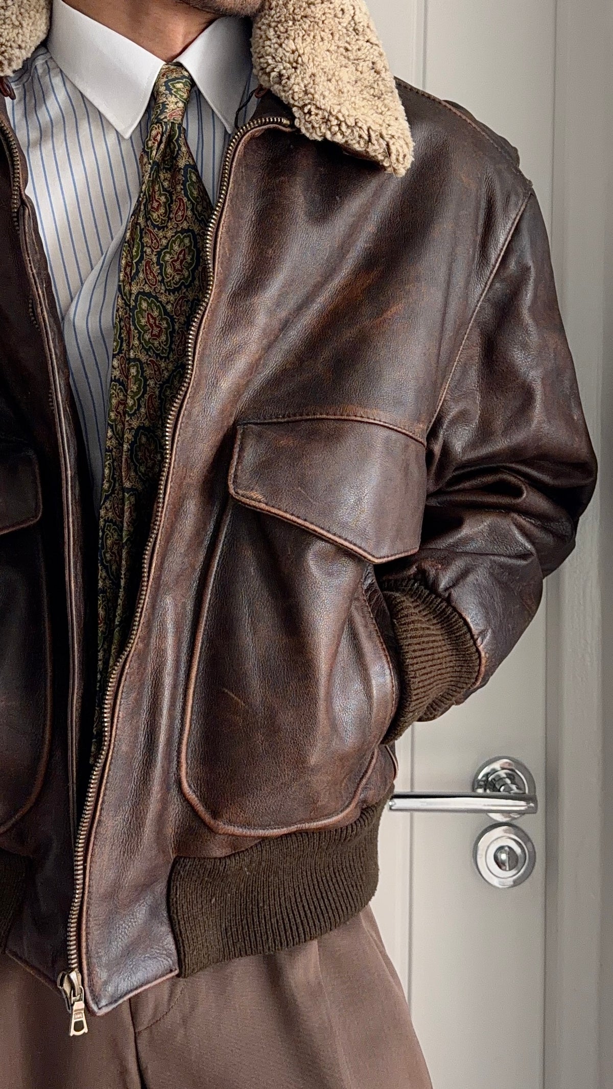 Hugo Boss 1980s Aviator Patina Leather Panelled Flight Bomber Jacket  - Size L