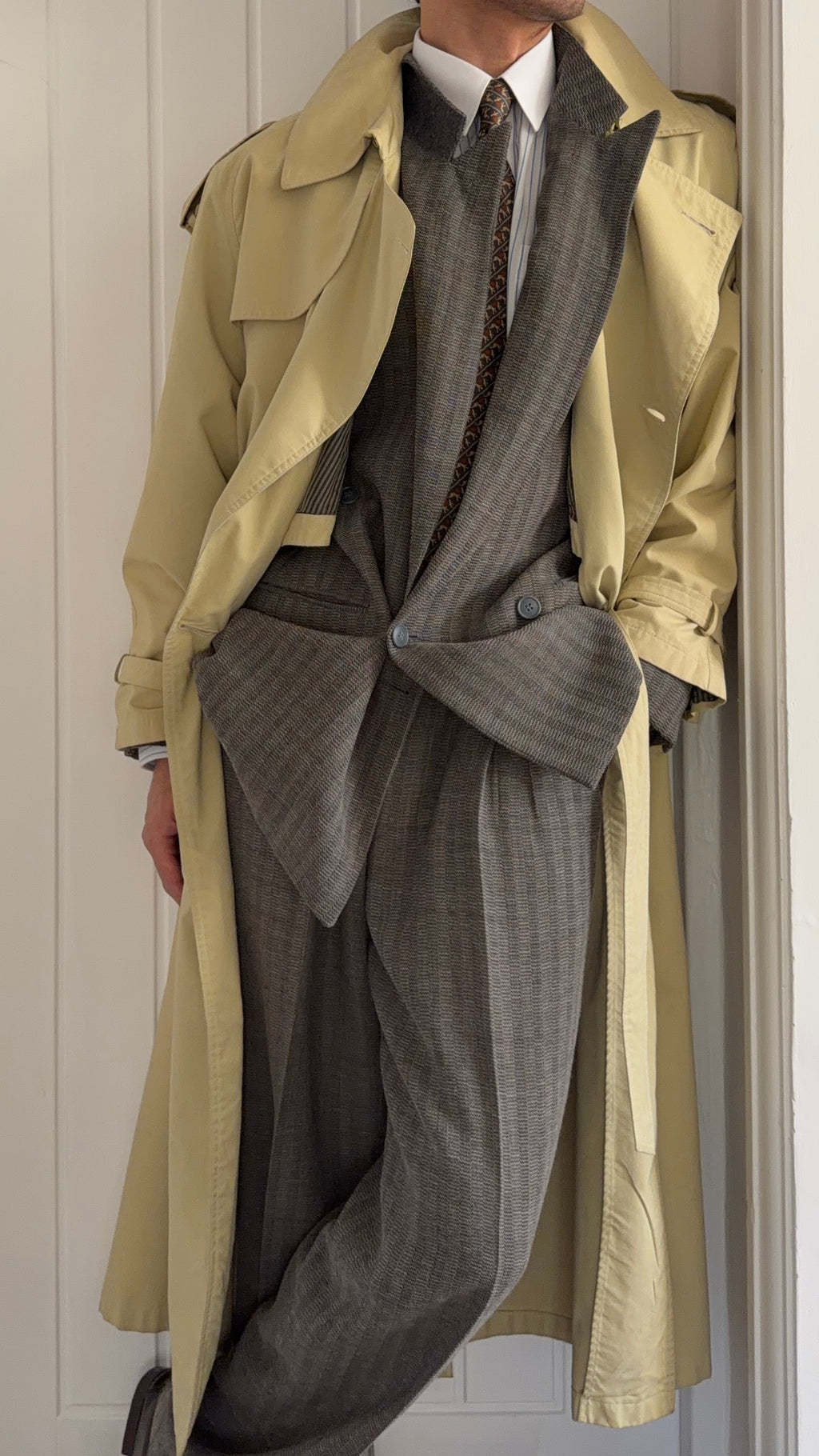 Giorgio Armani 1980s Belted Oversized Long Trench Coat Taupe Beige - Size M