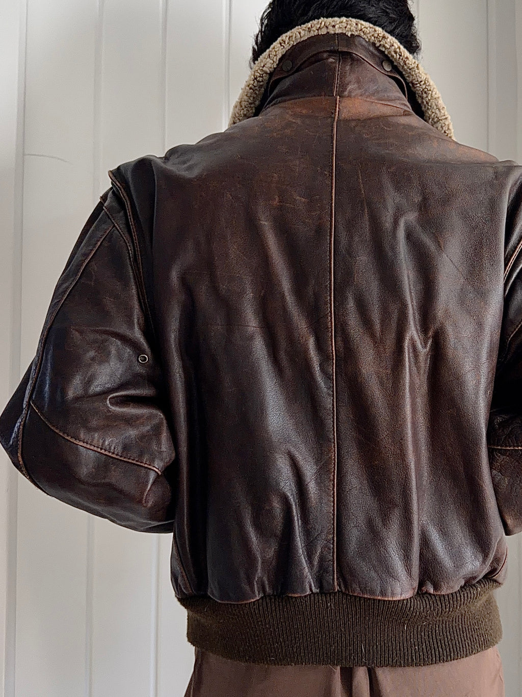 Hugo Boss 1980s Aviator Patina Leather Panelled Flight Bomber Jacket  - Size L