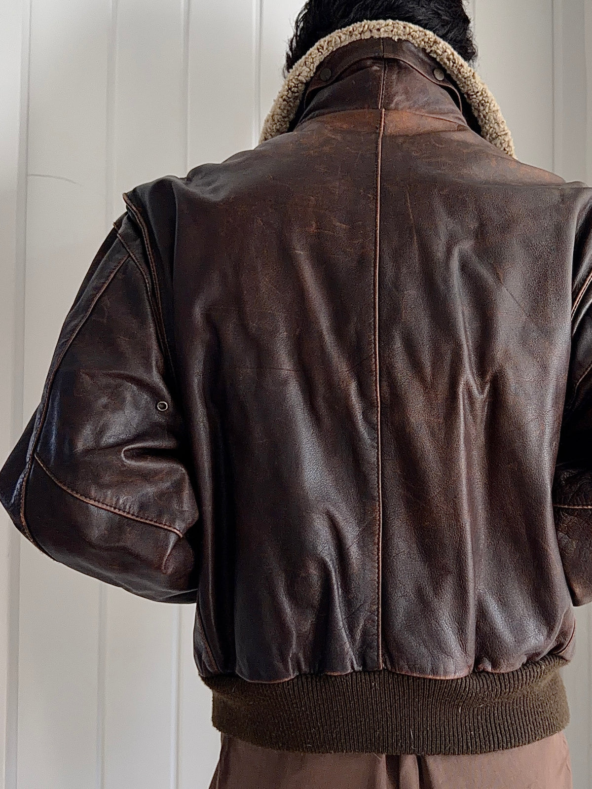 Hugo Boss 1980s Aviator Patina Leather Panelled Flight Bomber Jacket  - Size L