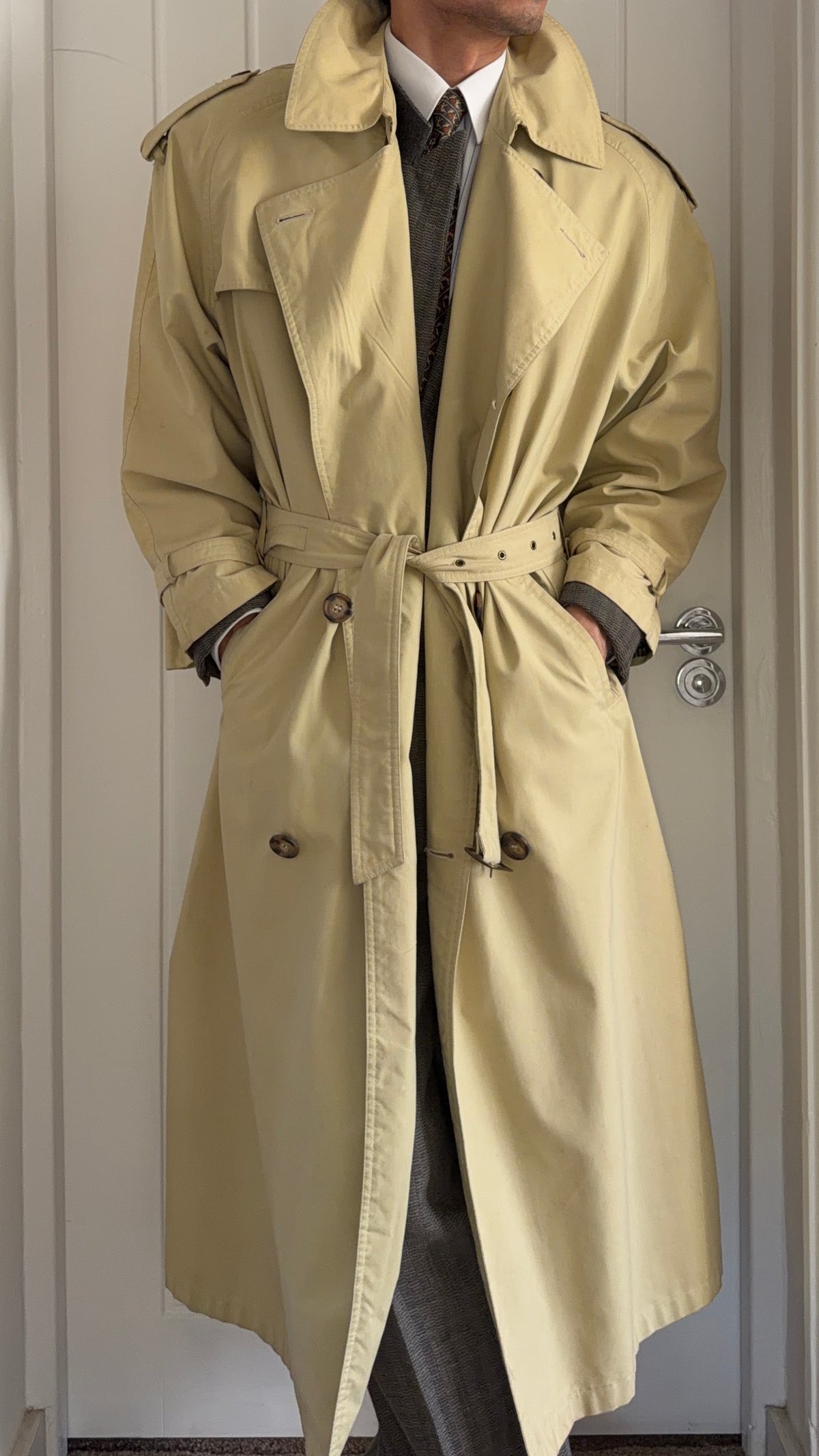 Giorgio Armani 1980s Belted Oversized Long Trench Coat Taupe Beige - Size M