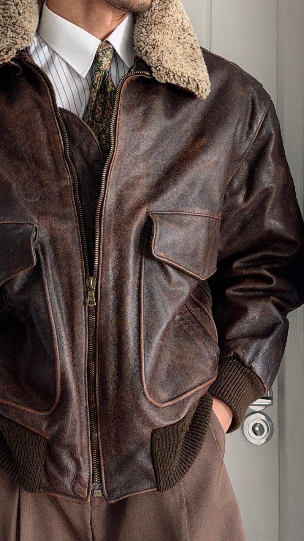 Hugo Boss 1980s Aviator Patina Leather Panelled Flight Bomber Jacket  - Size L