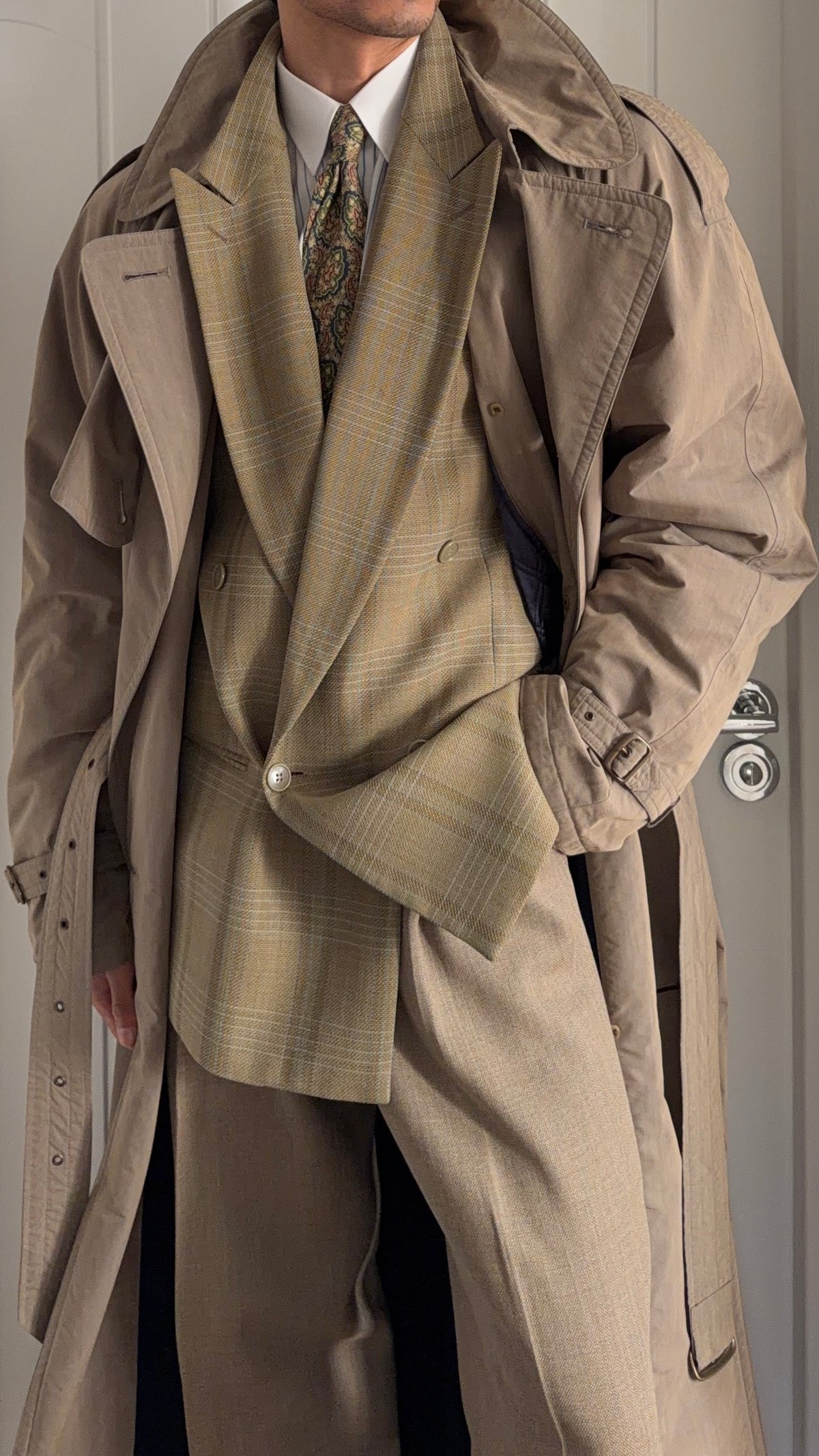 Emporio Armani 1990s Peaked Lapel Double Breasted Textured Wool Sport Jacket Blazer Taupe Green - Size M