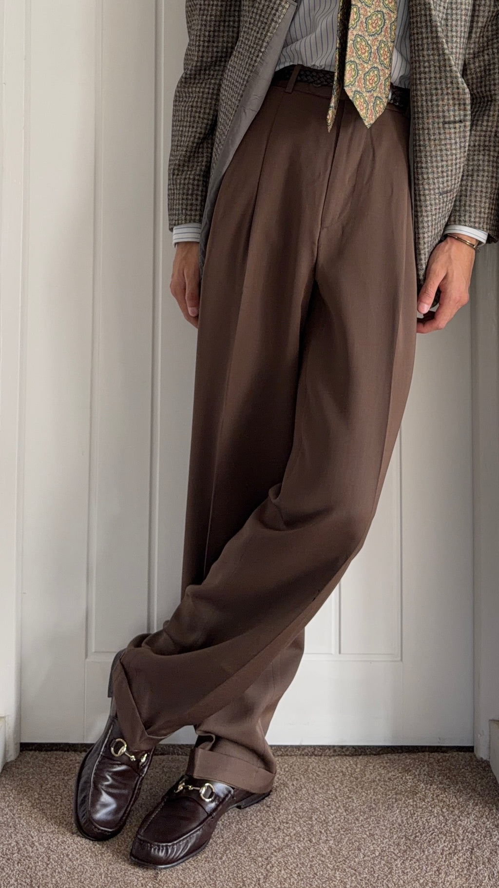 Hugo Boss 1980s Double Pleat Draped Rayon Wool Taupe Brown Pants - Size 32" Waist