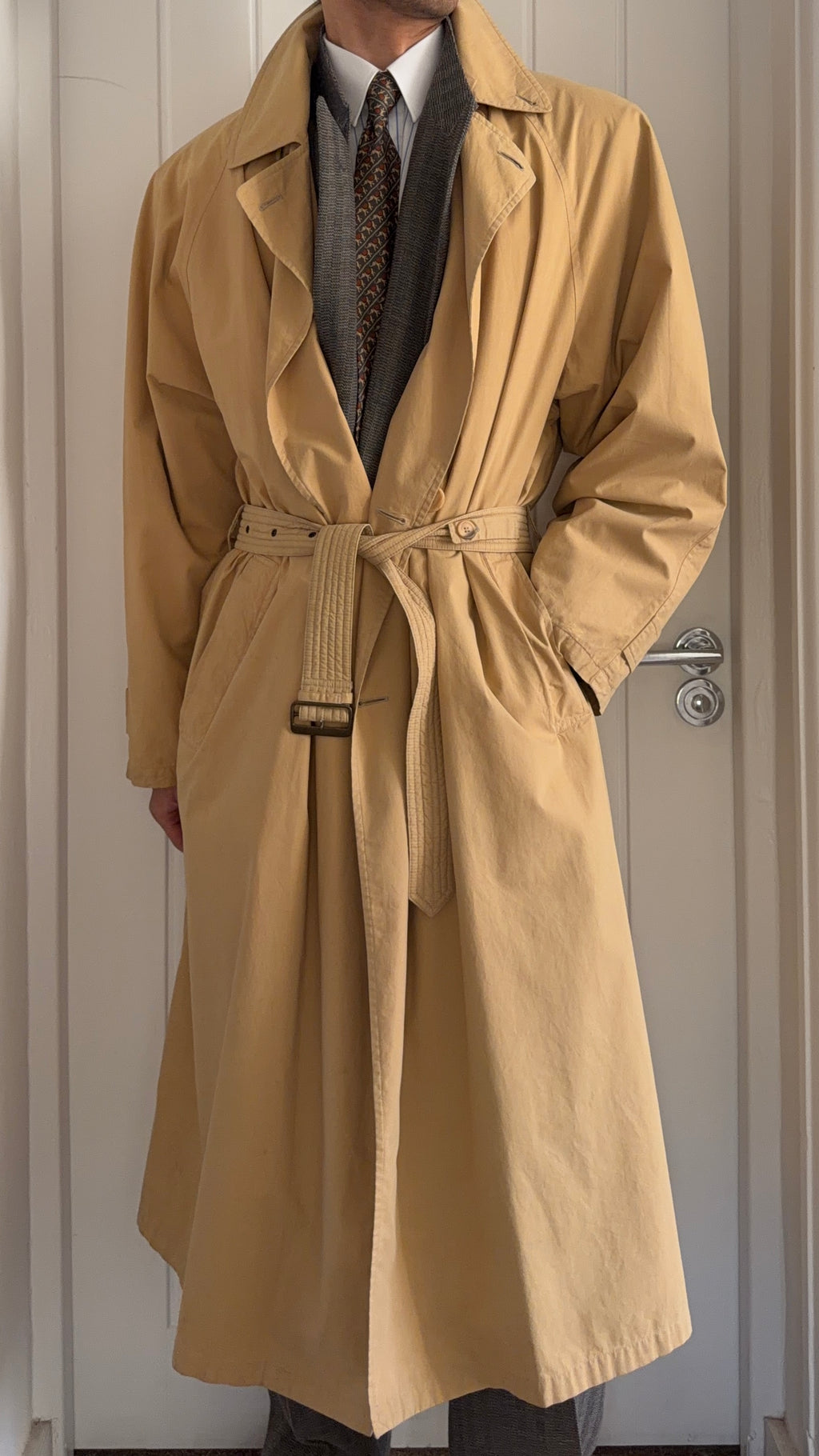 Giorgio Armani 1980s Cotton Belted Long Trench Coat Taupe Beige - Size M