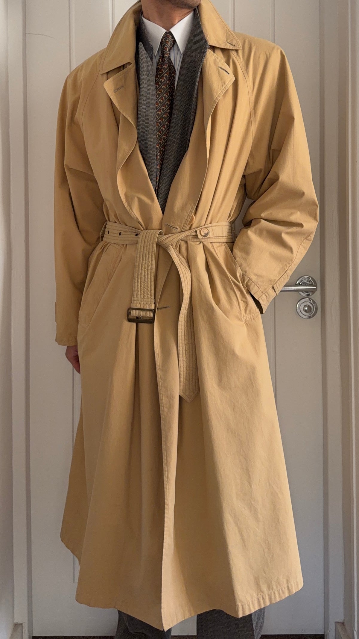 Giorgio Armani 1980s Cotton Belted Long Trench Coat Taupe Beige - Size M