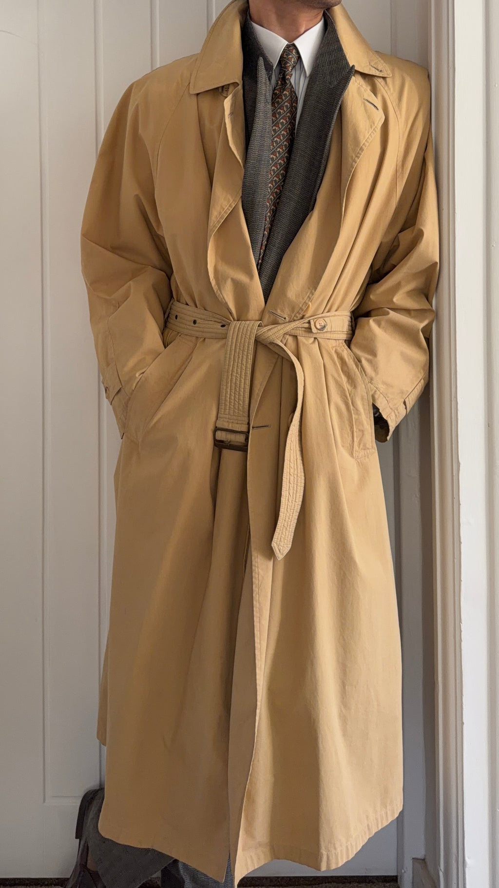 Giorgio Armani 1980s Cotton Belted Long Trench Coat Taupe Beige - Size M