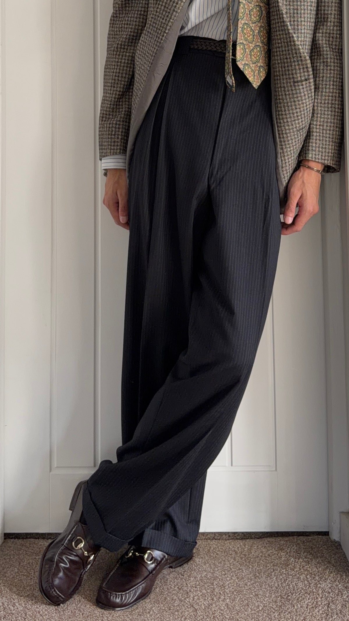 Giorgio Armani 1980s Triple Pleat Wool Chalkstripe Navy Pants - Size 38" Waist