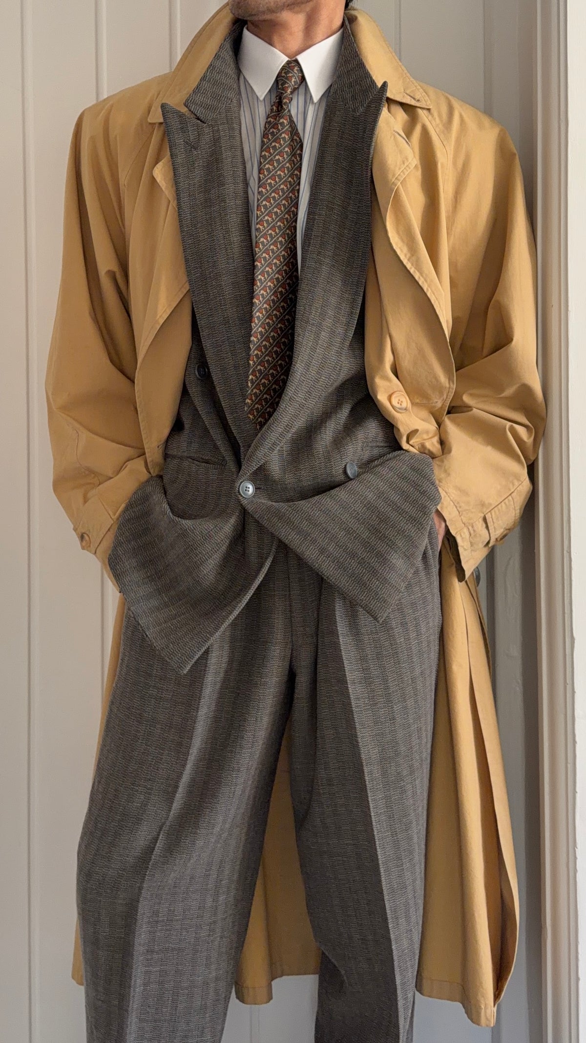Giorgio Armani 1980s Cotton Belted Long Trench Coat Taupe Beige - Size M