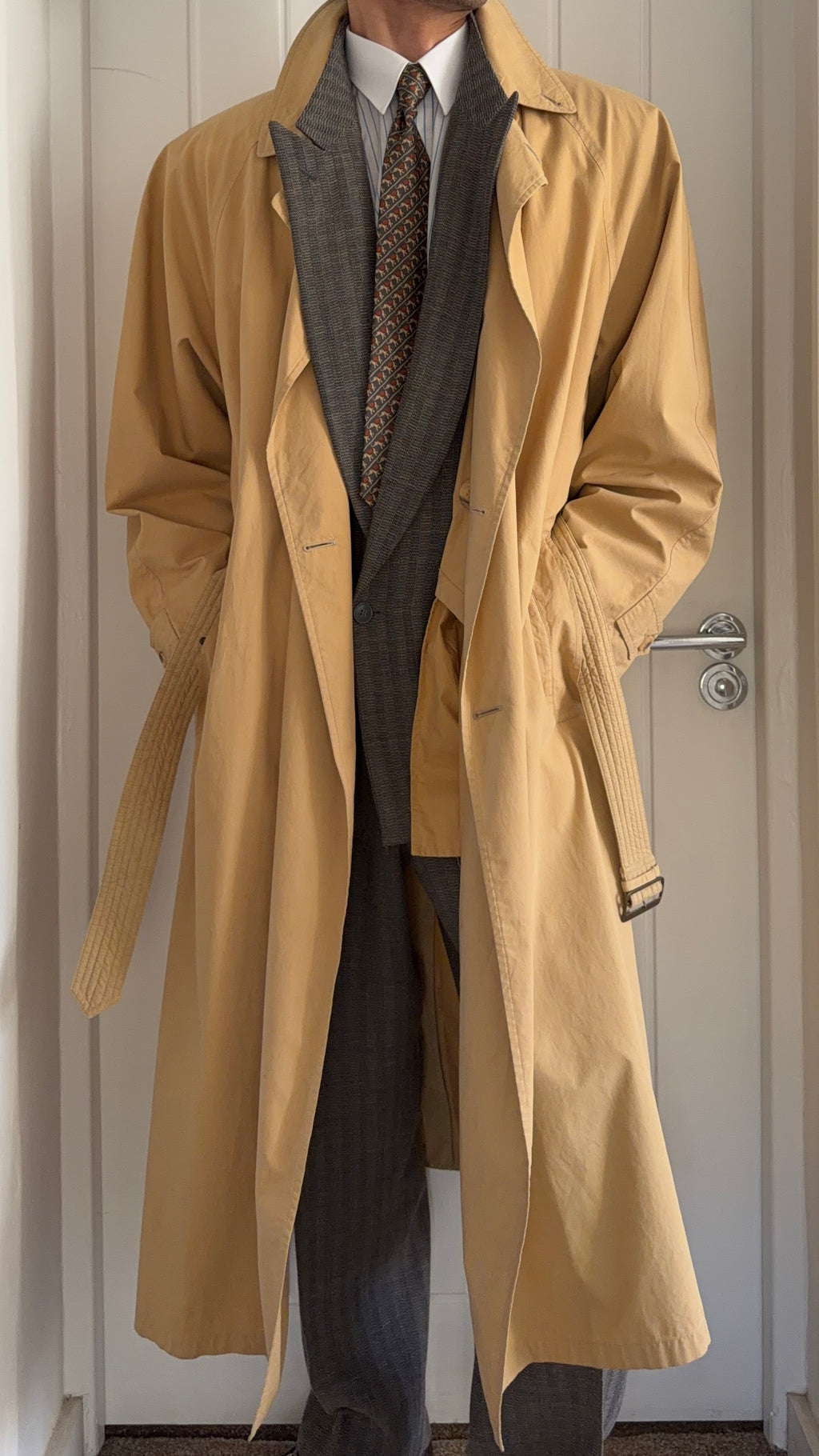 Giorgio Armani 1980s Cotton Belted Long Trench Coat Taupe Beige - Size M