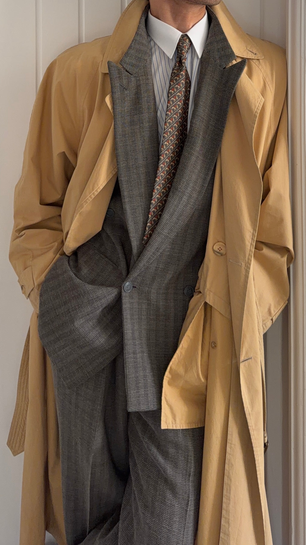 Giorgio Armani 1980s Cotton Belted Long Trench Coat Taupe Beige - Size M