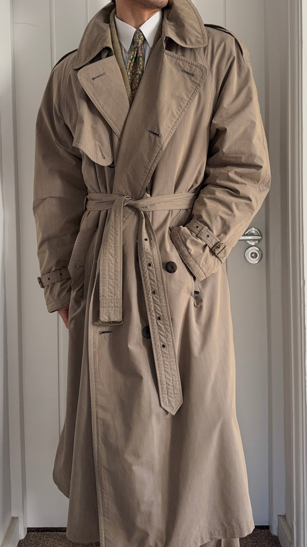 Hugo Boss 1980s Padded Belted Long Power Trench Coat Heathered Mushroom Taupe - Size XL
