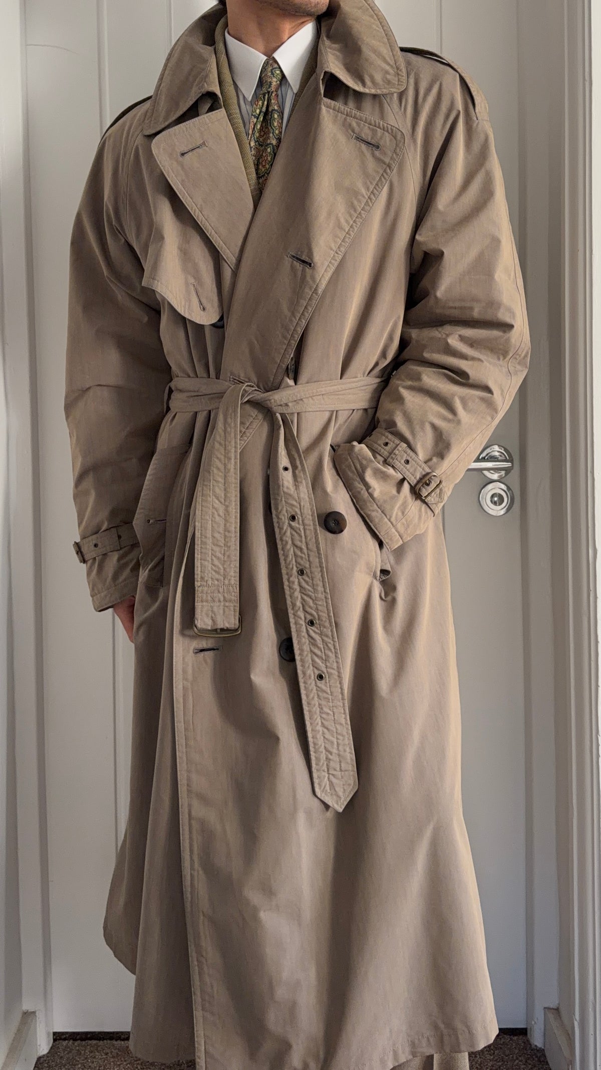 Hugo Boss 1980s Padded Belted Long Power Trench Coat Heathered Mushroom Taupe - Size XL
