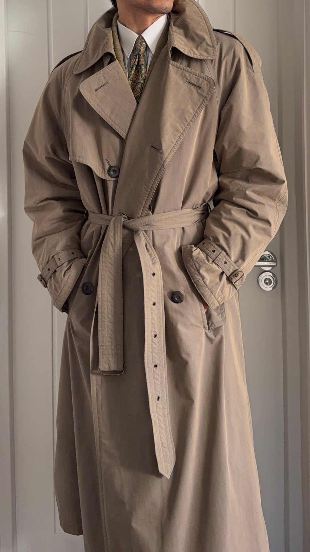 Hugo Boss 1980s Padded Belted Long Power Trench Coat Heathered Mushroom Taupe - Size XL