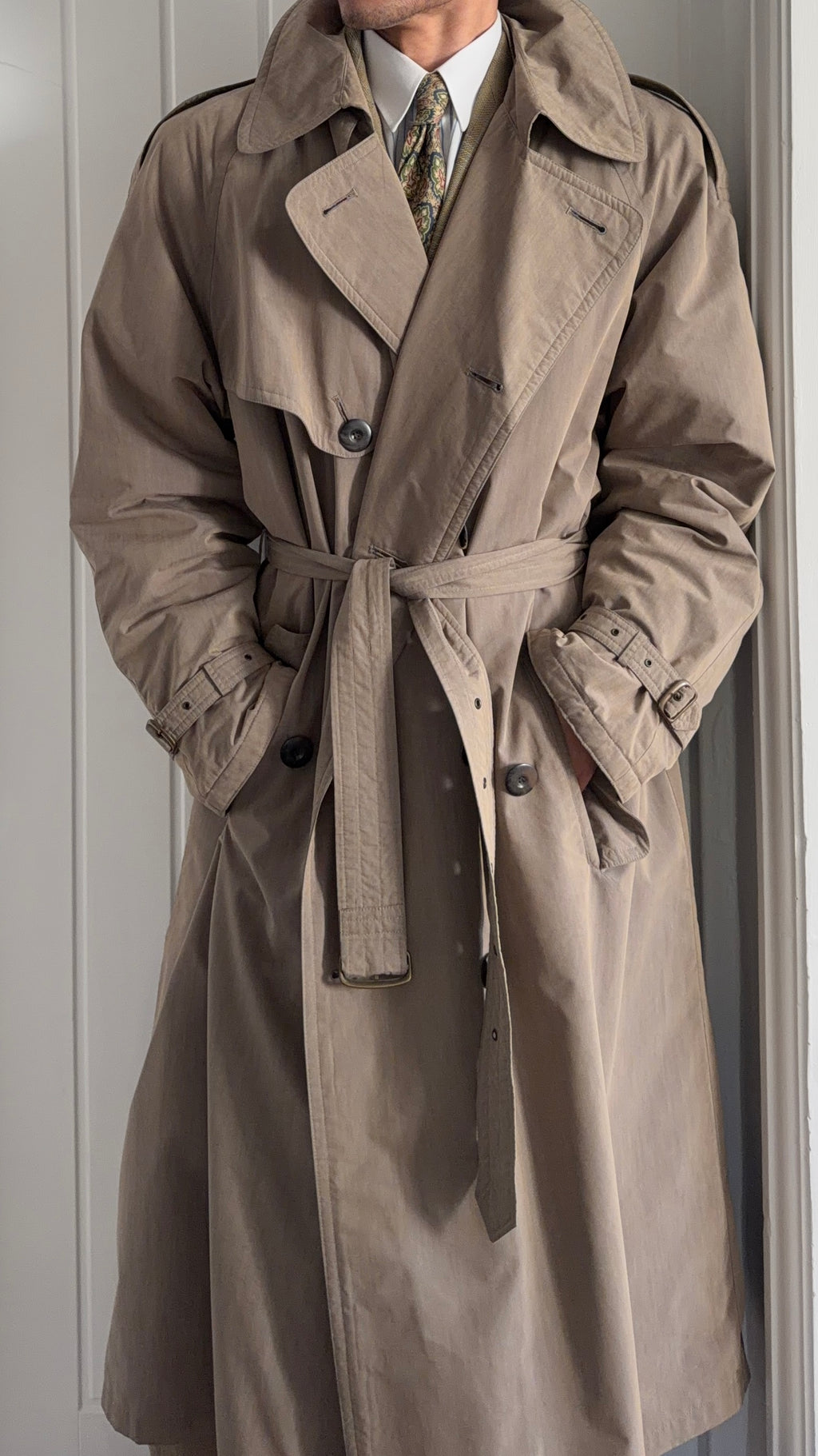 Hugo Boss 1980s Padded Belted Long Power Trench Coat Heathered Mushroom Taupe - Size XL
