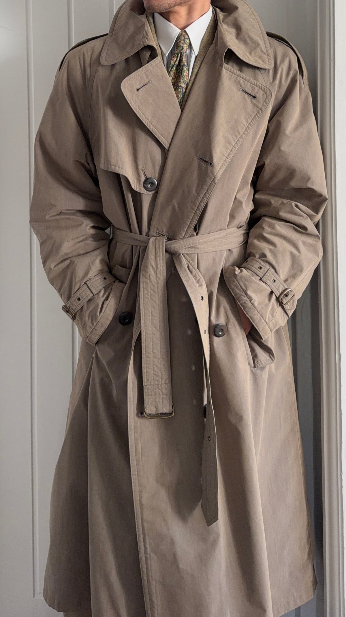 Hugo Boss 1980s Padded Belted Long Power Trench Coat Heathered Mushroom Taupe - Size XL
