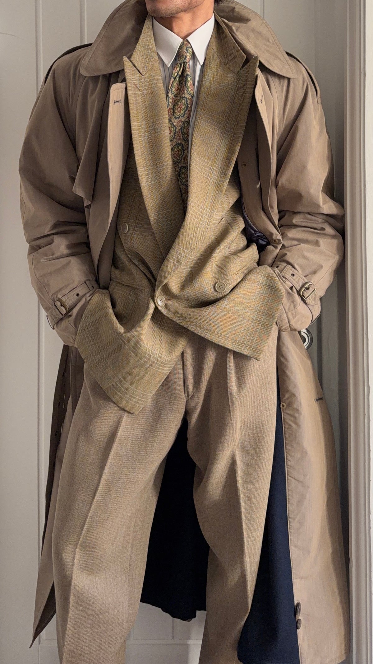 Hugo Boss 1980s Padded Belted Long Power Trench Coat Heathered Mushroom Taupe - Size XL
