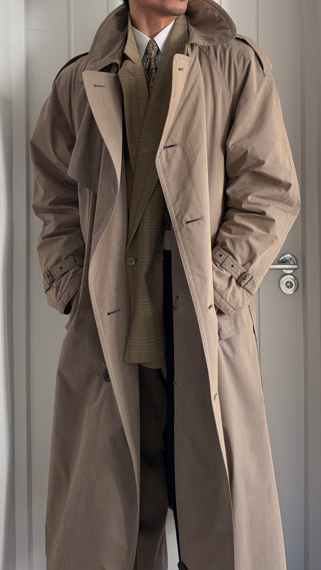 Hugo Boss 1980s Padded Belted Long Power Trench Coat Heathered Mushroom Taupe - Size XL
