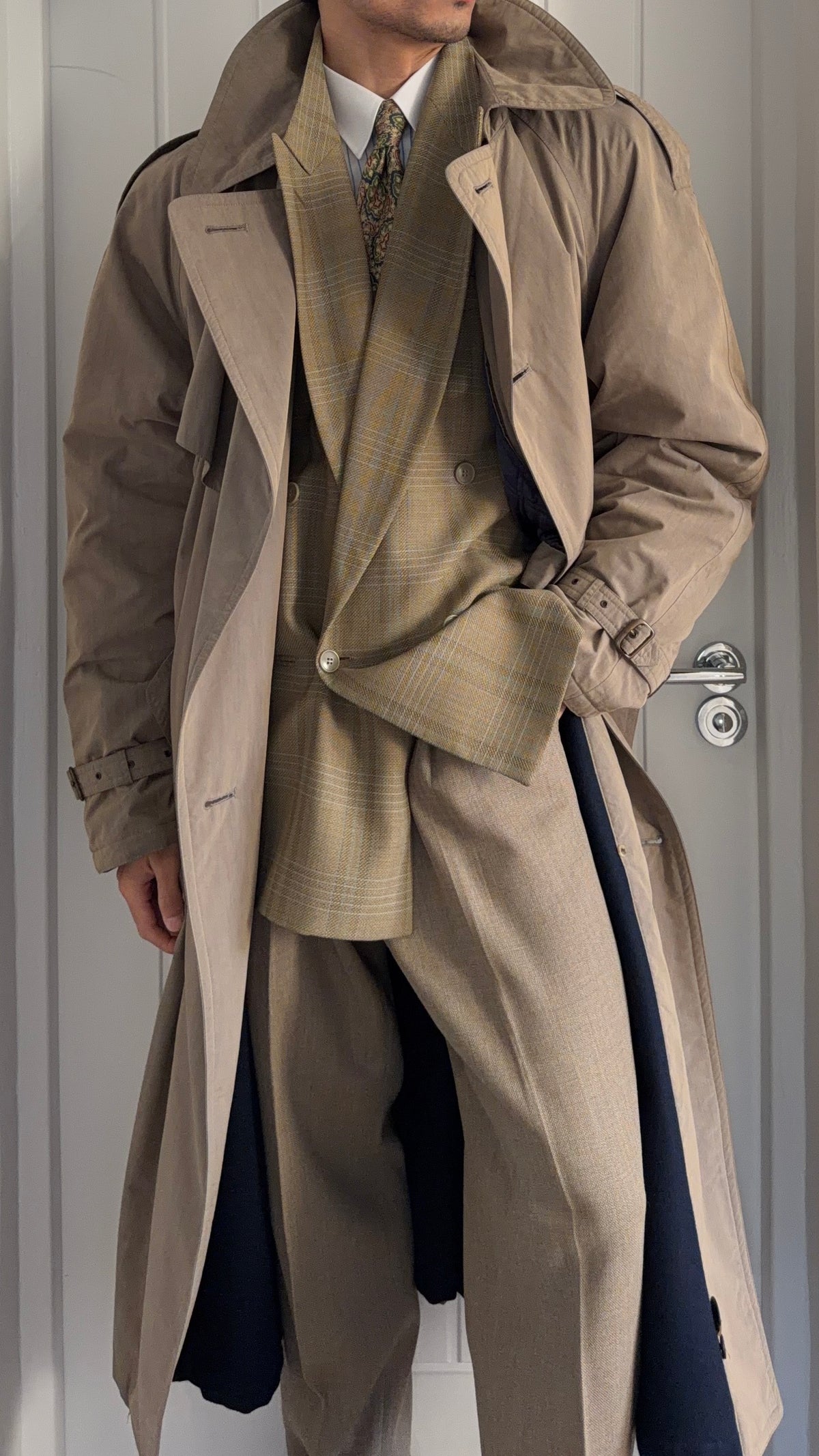 Hugo Boss 1980s Padded Belted Long Power Trench Coat Heathered Mushroom Taupe - Size XL