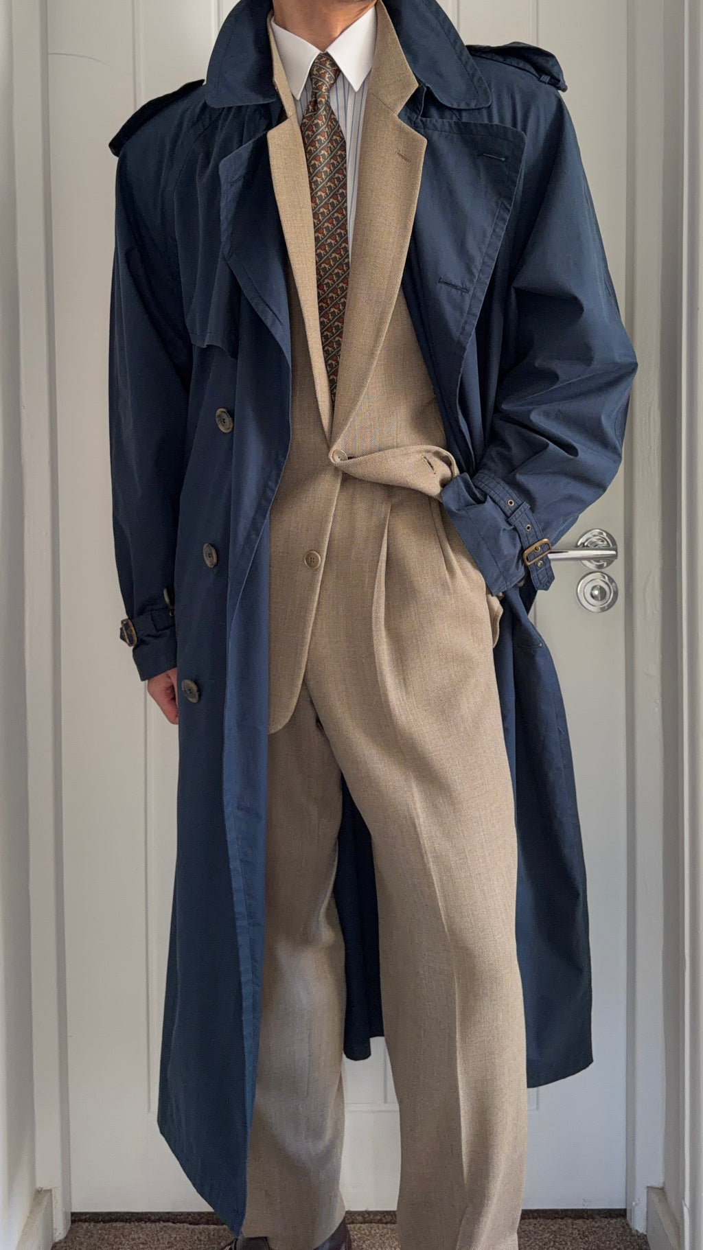 Hugo Boss 1980s Cotton Military Trench Coat Blue - Size XL