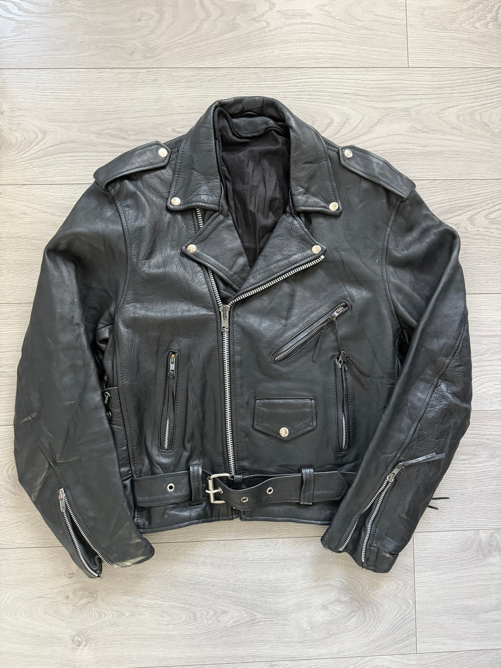Vintage 1990s Black Leather Belted Biker Jacket  - Size S