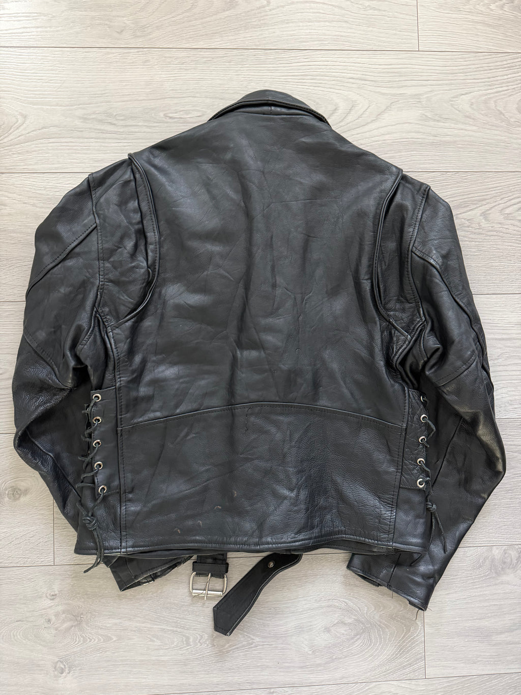Vintage 1990s Black Leather Belted Biker Jacket  - Size S