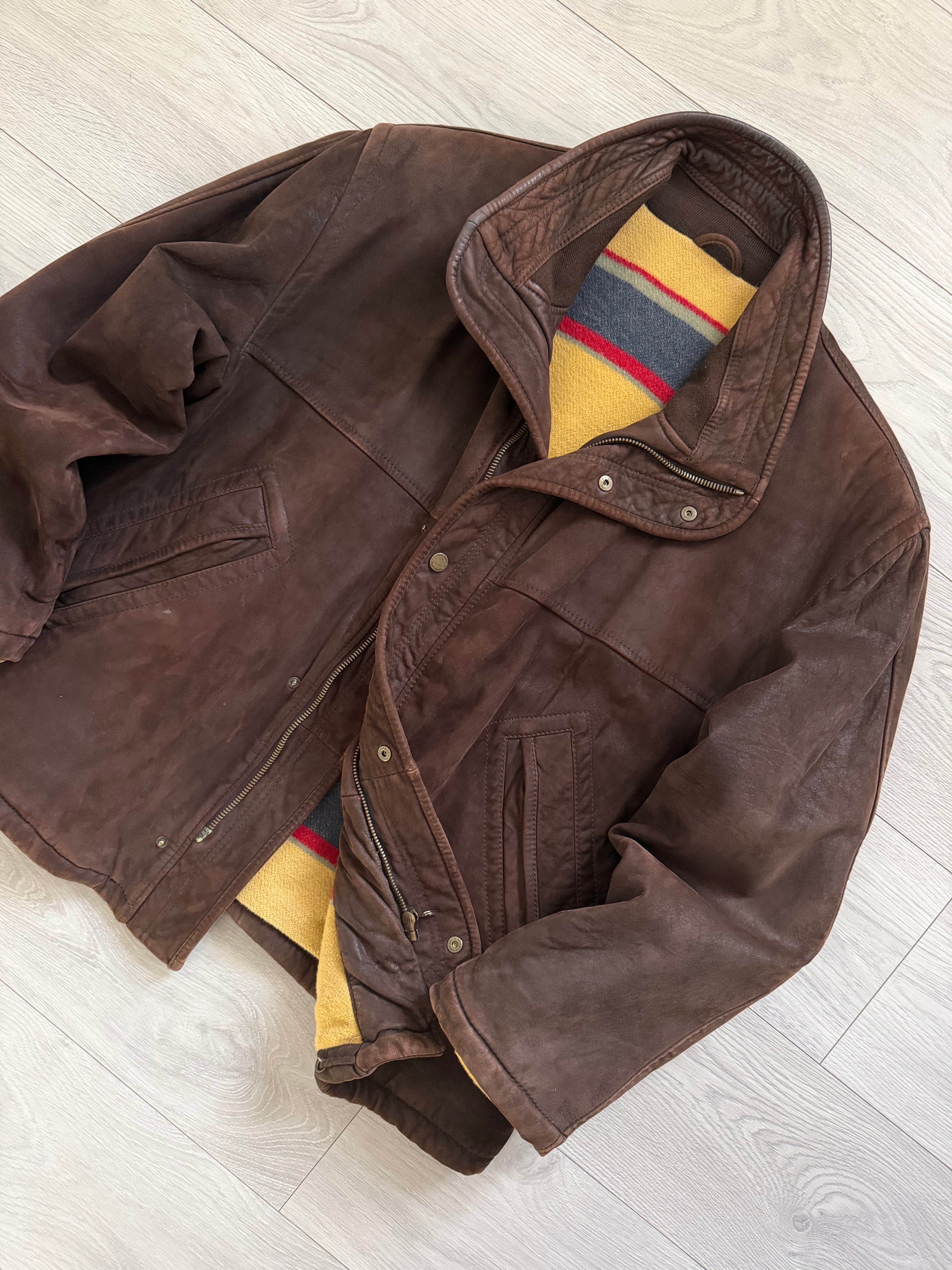 Hugo Boss 1990s Suede Leather Wool Lined Chocolate Brown Jacket  - Size XL
