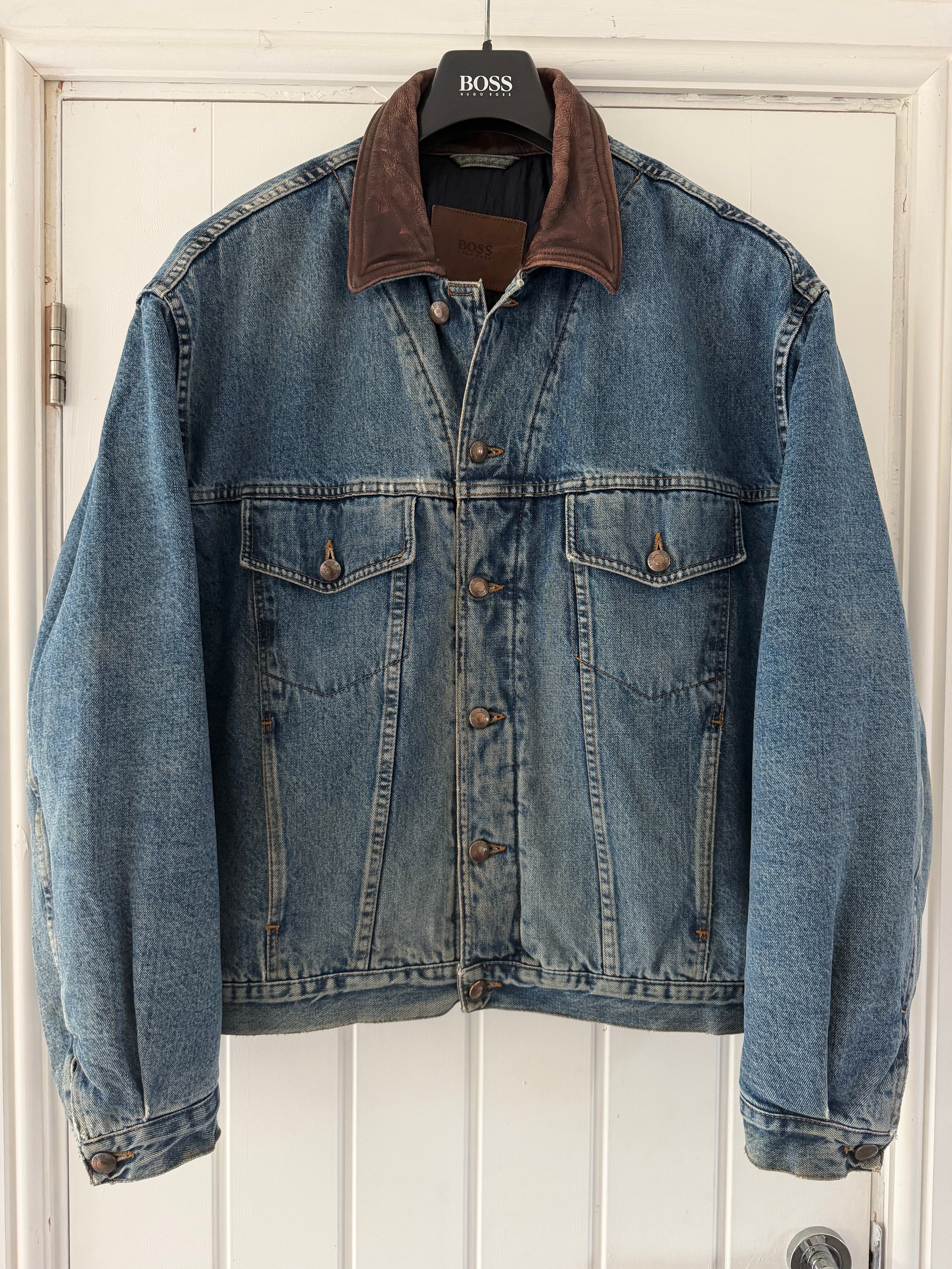 Hugo Boss 1980s 'Apache' Leather Collar Quilt Lined Denim Jacket Made in Italy  - Size XL