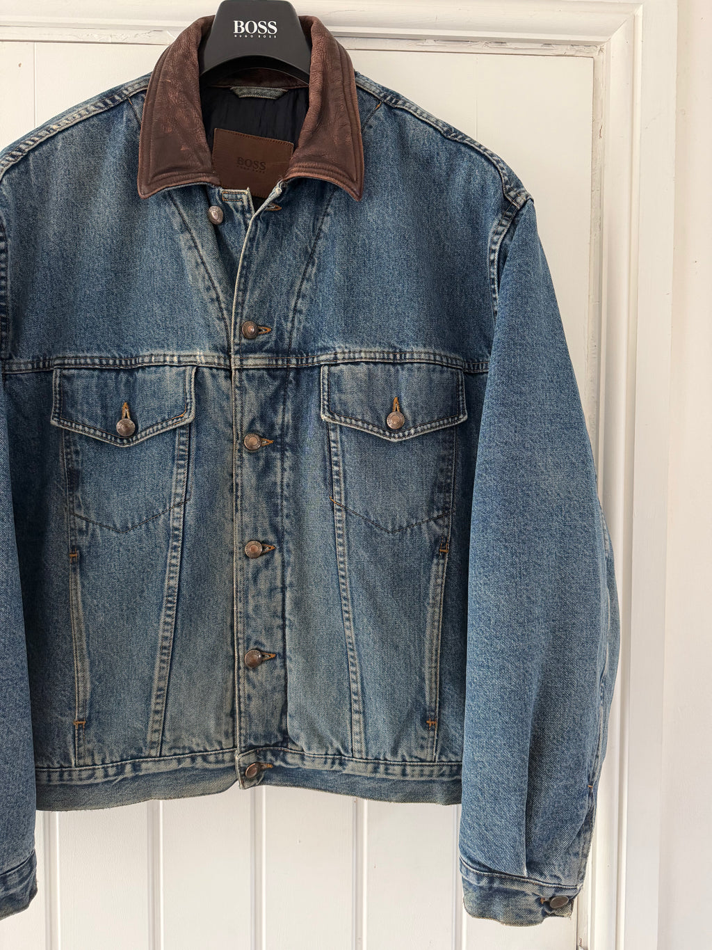Hugo Boss 1980s 'Apache' Leather Collar Quilt Lined Denim Jacket Made in Italy  - Size XL