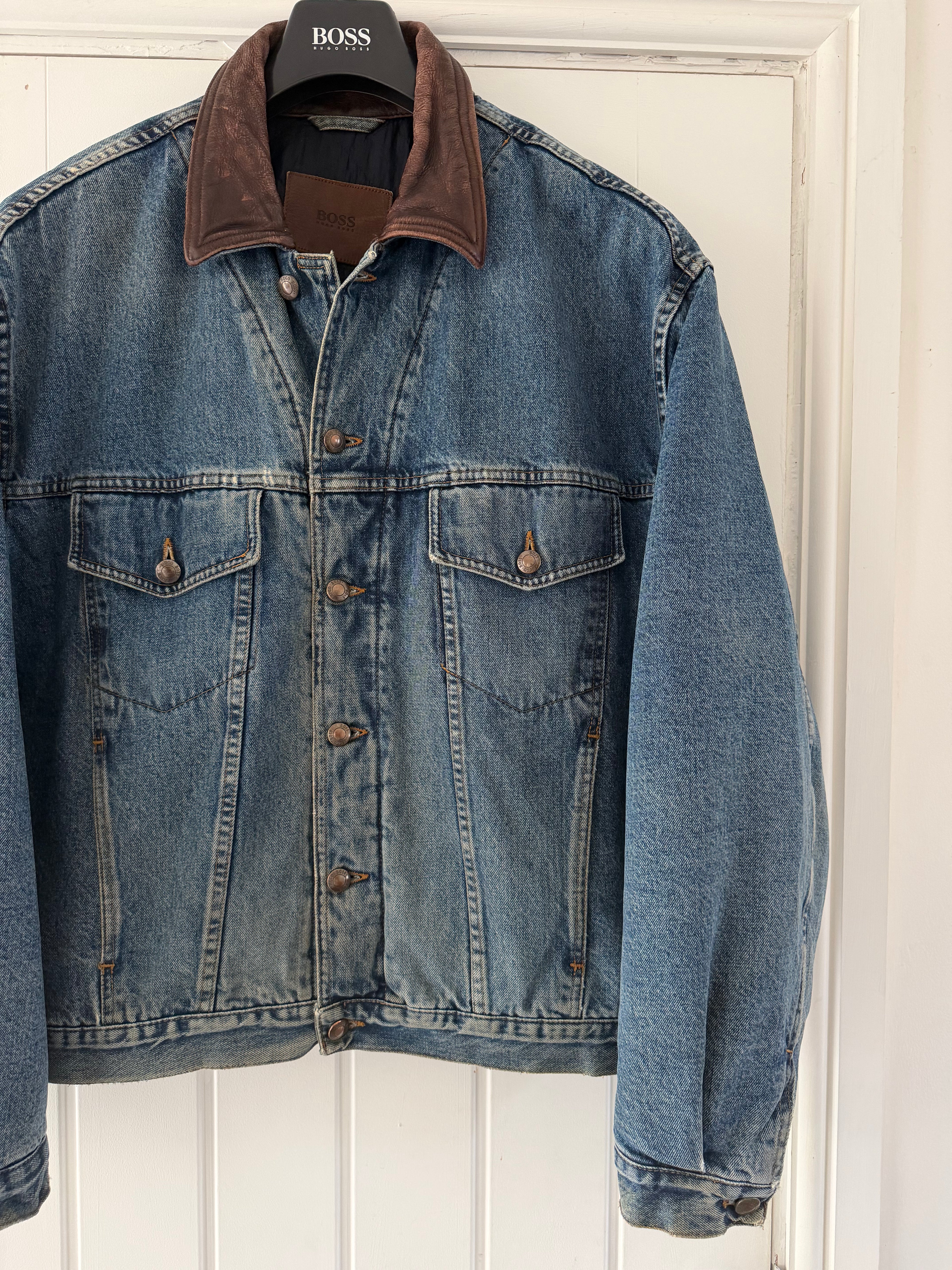Hugo Boss 1980s 'Apache' Leather Collar Quilt Lined Denim Jacket Made in Italy  - Size XL