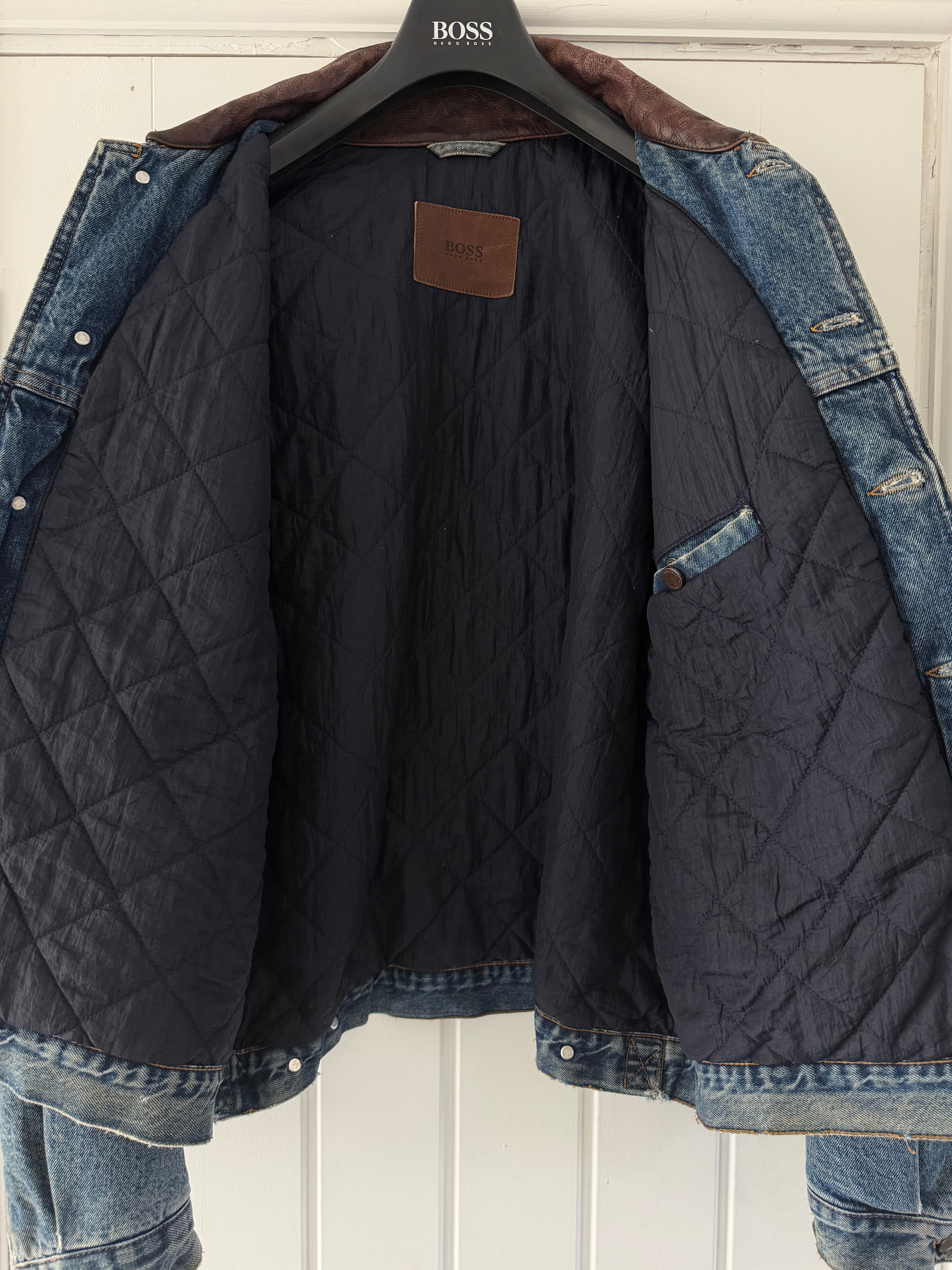 Hugo Boss 1980s 'Apache' Leather Collar Quilt Lined Denim Jacket Made in Italy  - Size XL