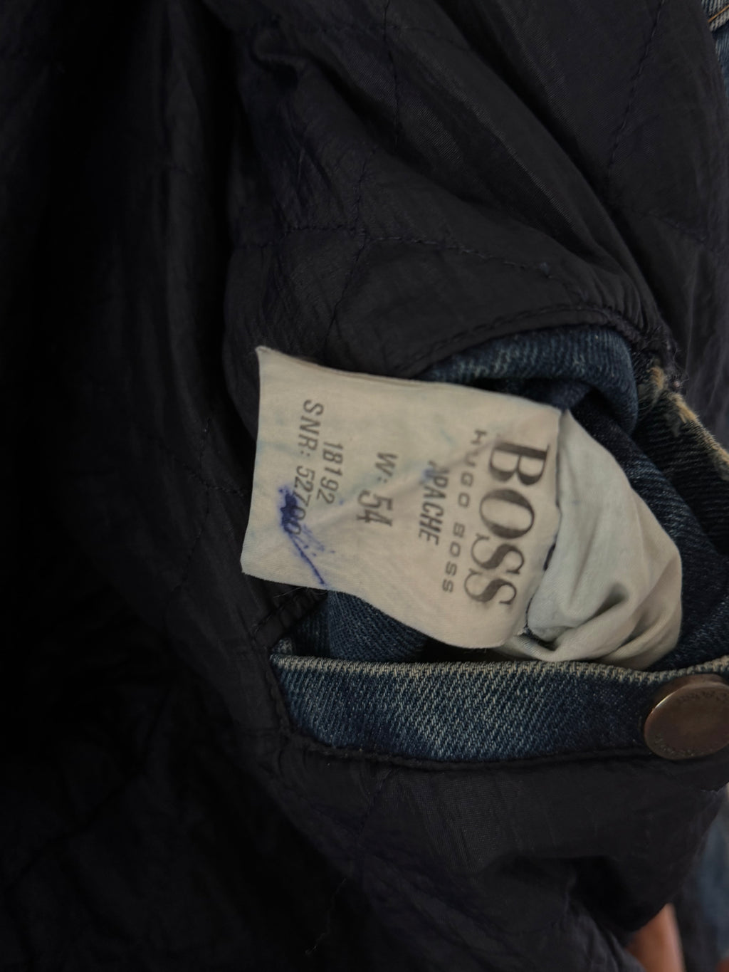 Hugo Boss 1980s 'Apache' Leather Collar Quilt Lined Denim Jacket Made in Italy  - Size XL