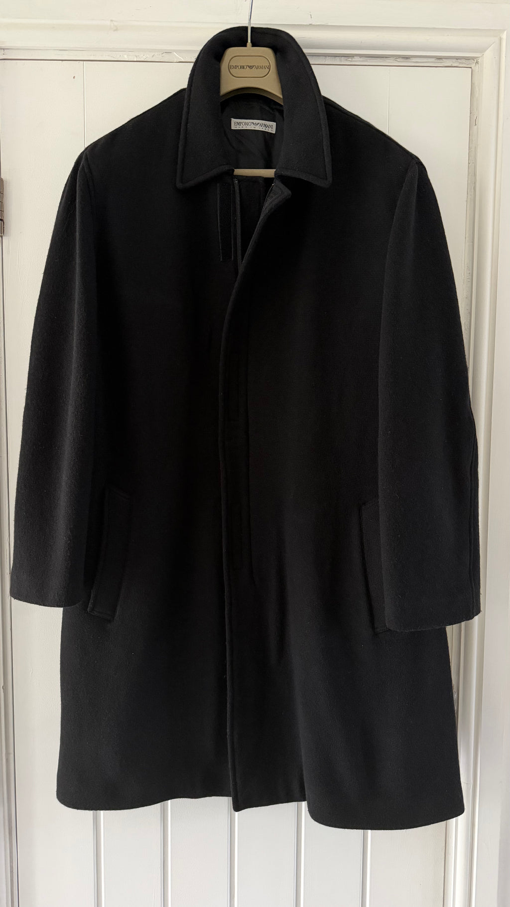 Emporio Armani 1990s Zip-Front Wool Blend Black Coat - Size L