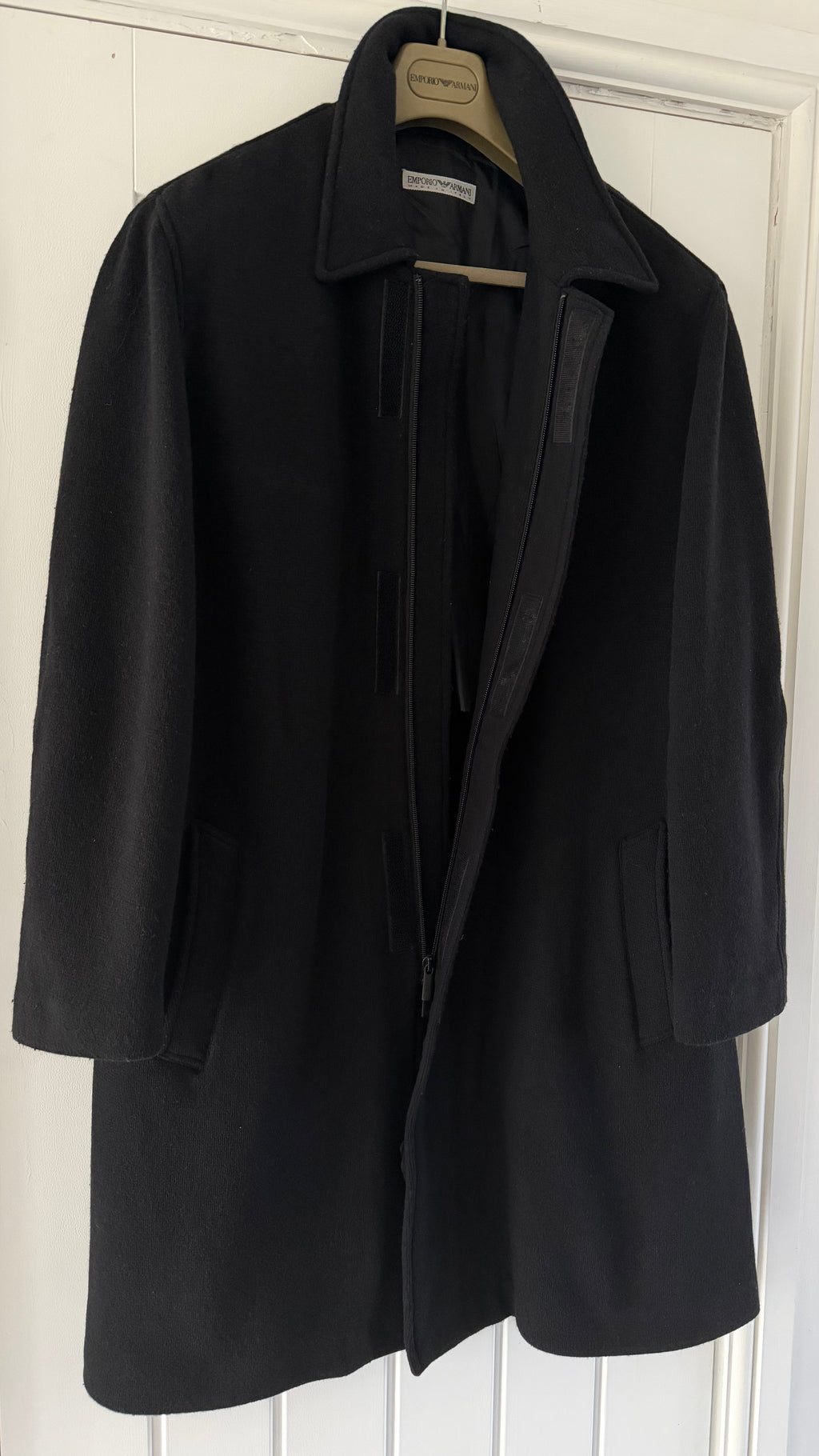 Emporio Armani 1990s Zip-Front Wool Blend Black Coat - Size L