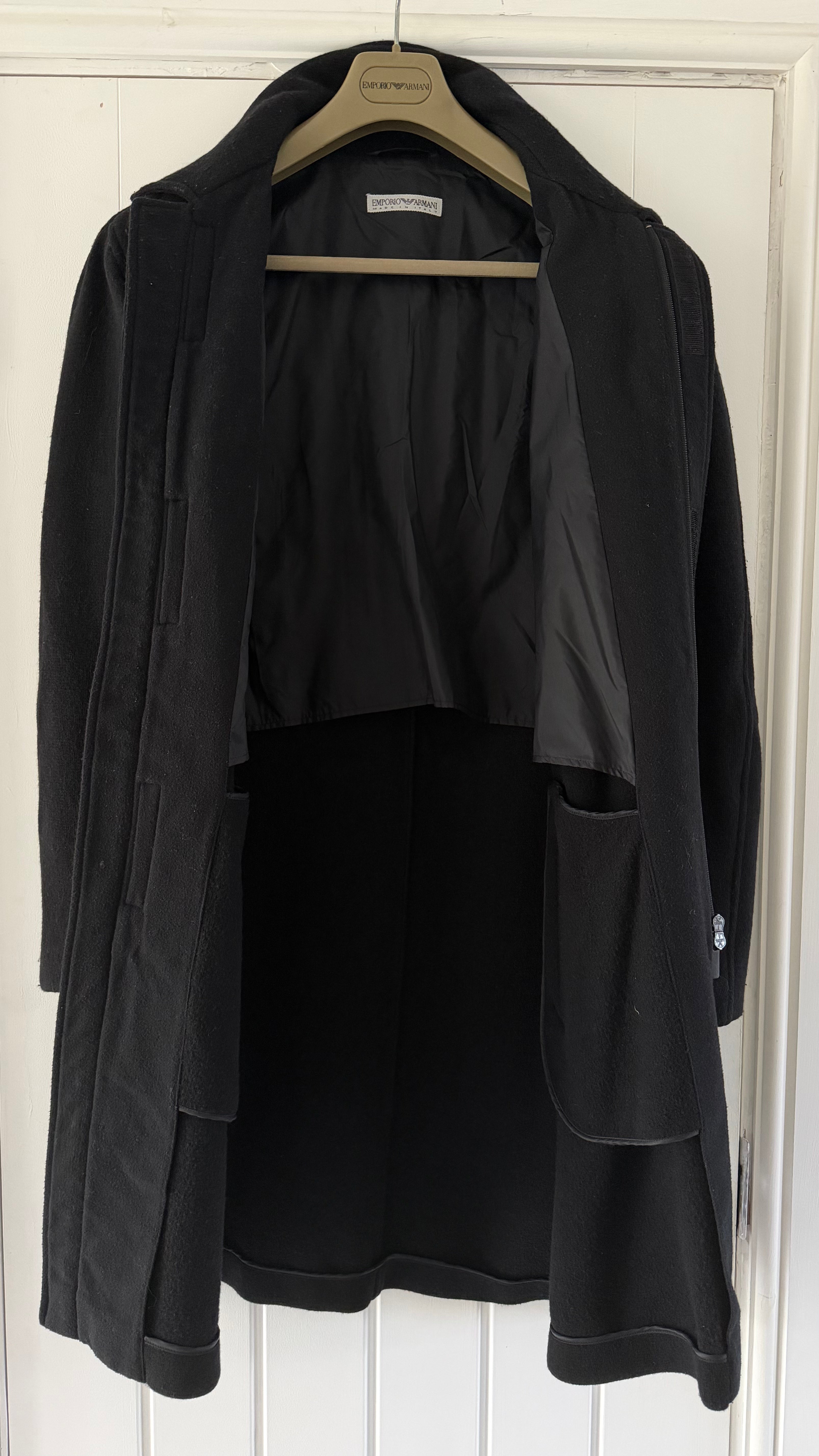 Emporio Armani 1990s Zip-Front Wool Blend Black Coat - Size L