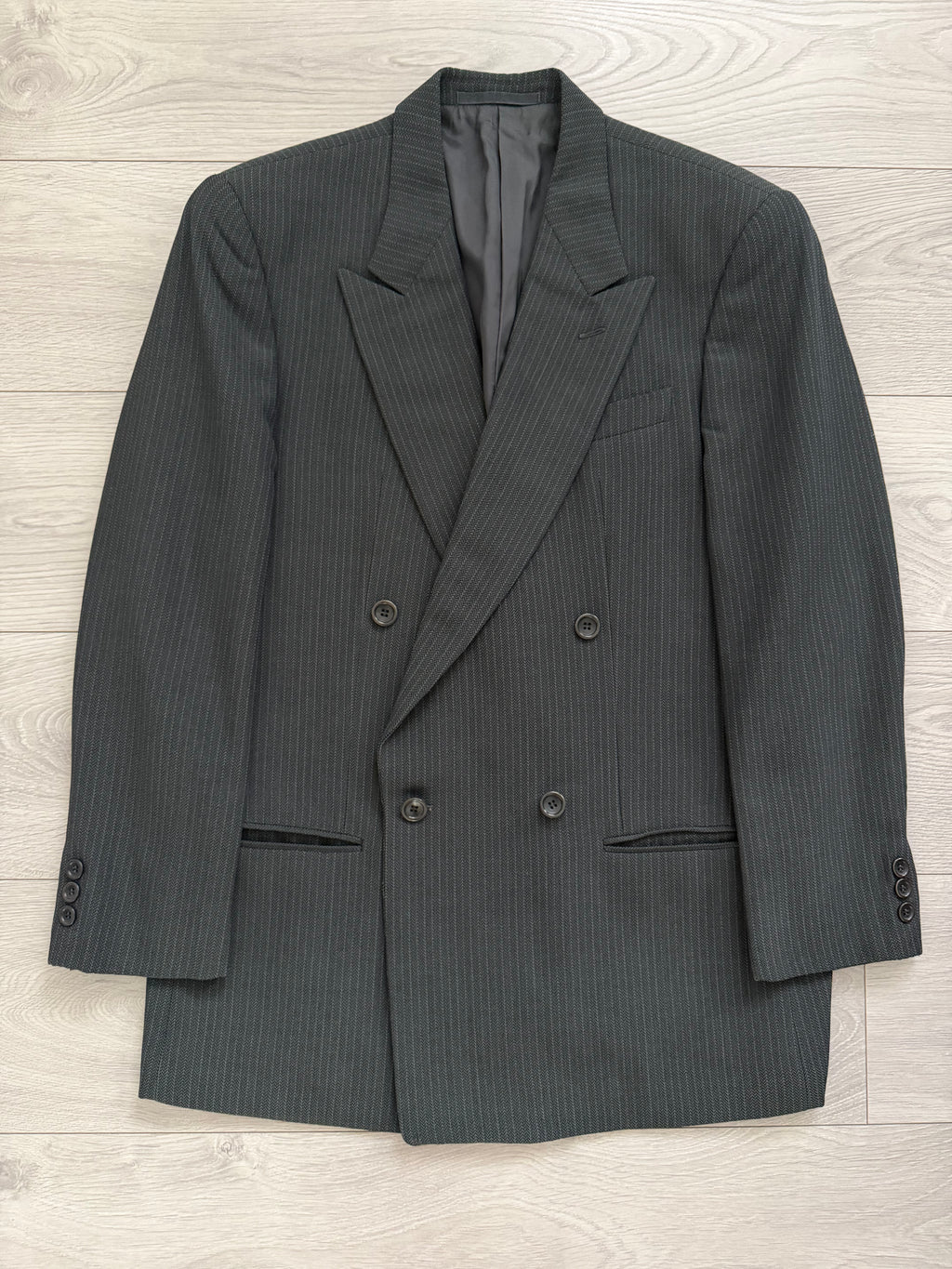 Armani 1990s Peaked Lapel Double Breasted Textured Wool Suit Green Gray - Size M Jacket / 33" Waist